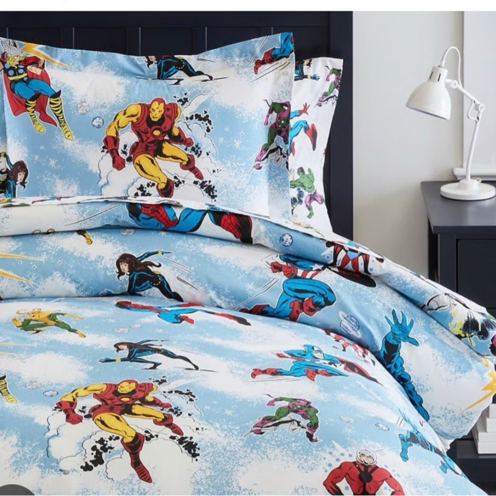 Pottery Barn Marvel Blue and Red Comforter and Sham Set.